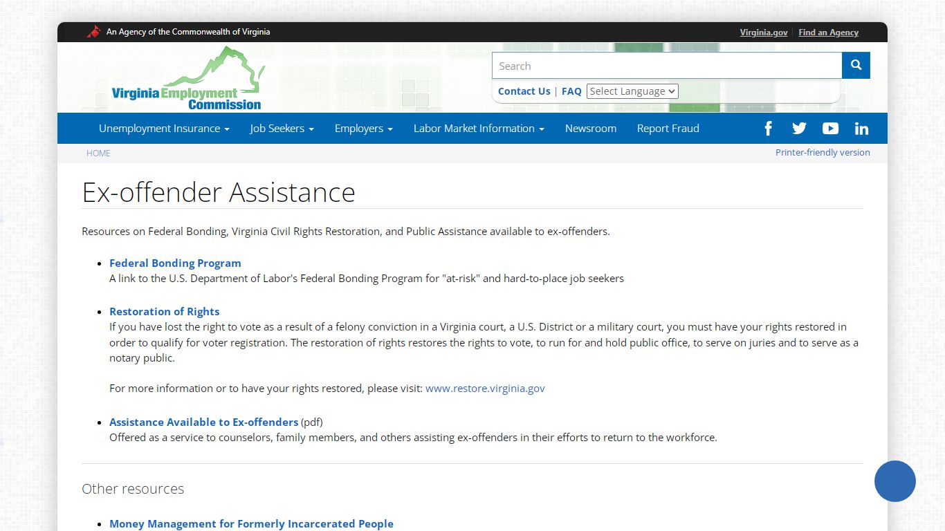 Ex-offender Assistance | Virginia Employment Commission